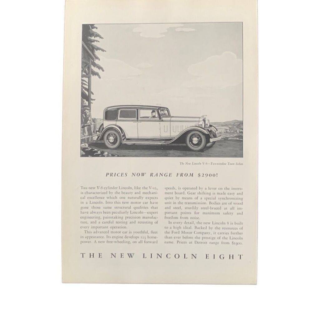 Vintage 1932 Lincoln Eight V-8 Two Window Town Sedan Ad Advertisement